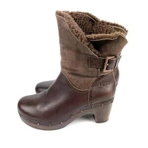 Ugg Amoret BootS US 7 Brown  Leather Sheepskin Lined Ankle Boot Heeled Clog